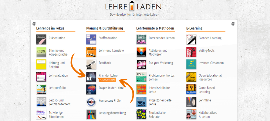 Screenshot des Downloadcenters des Lehreladens, mit den Rubriken "Lehrende im Fokus", Planung & Durchführung, Lehrformate & Methoden, und E-Learning". Themen in der Rubrik Lehrende im Fokus beinhalten u.a. Präsentation, Stimme und Körpersprache, Haltung und Rolle(n), Lehrevaluation, Lehrportfolio, Selbst-und Zeitmanagement und Schwierige Situationen. Unter Planung & Durchführung findet man Stoffreduktion, Lehr-und Lernziele Feedback, KI in der Lehre, Fragen in der Lehre, Kompetenz Prüfen und Leistungsbeurteilung. Lehrformate & Methoden bieten die Themen Forschendes Lernen, Aktivieren und Motivieren, Die gute Vorlesung, Problemorientiertes Lernen, Interdisziplinäre Lehre, Projektorientierte Lehre und Studentische Referate an. Blended Learning, Voting-Tools, Inverted Classroom, Open Educational Ressources, game Based Learning, lehrfilme und Kollaboratives Arbeiten sind unter der Rubrik E-Learning zu finden.